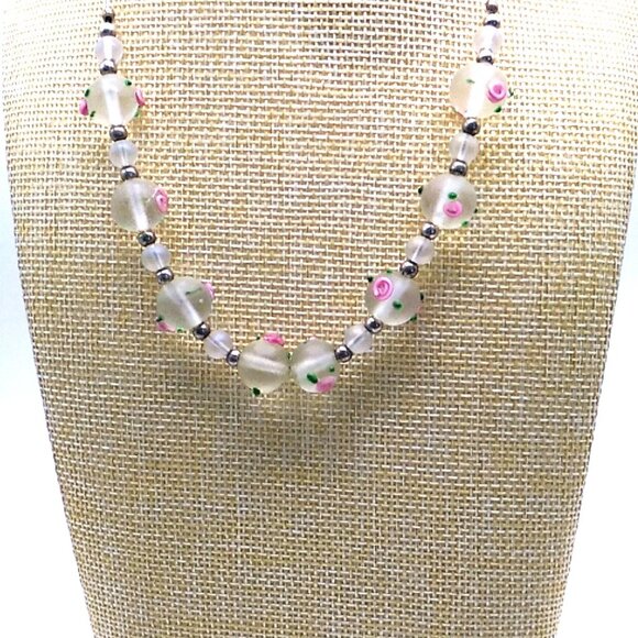 Artisan Frosted Lampwork Glass & Sterling Silver Beaded Pink Rose Design Necklac - Picture 11 of 16